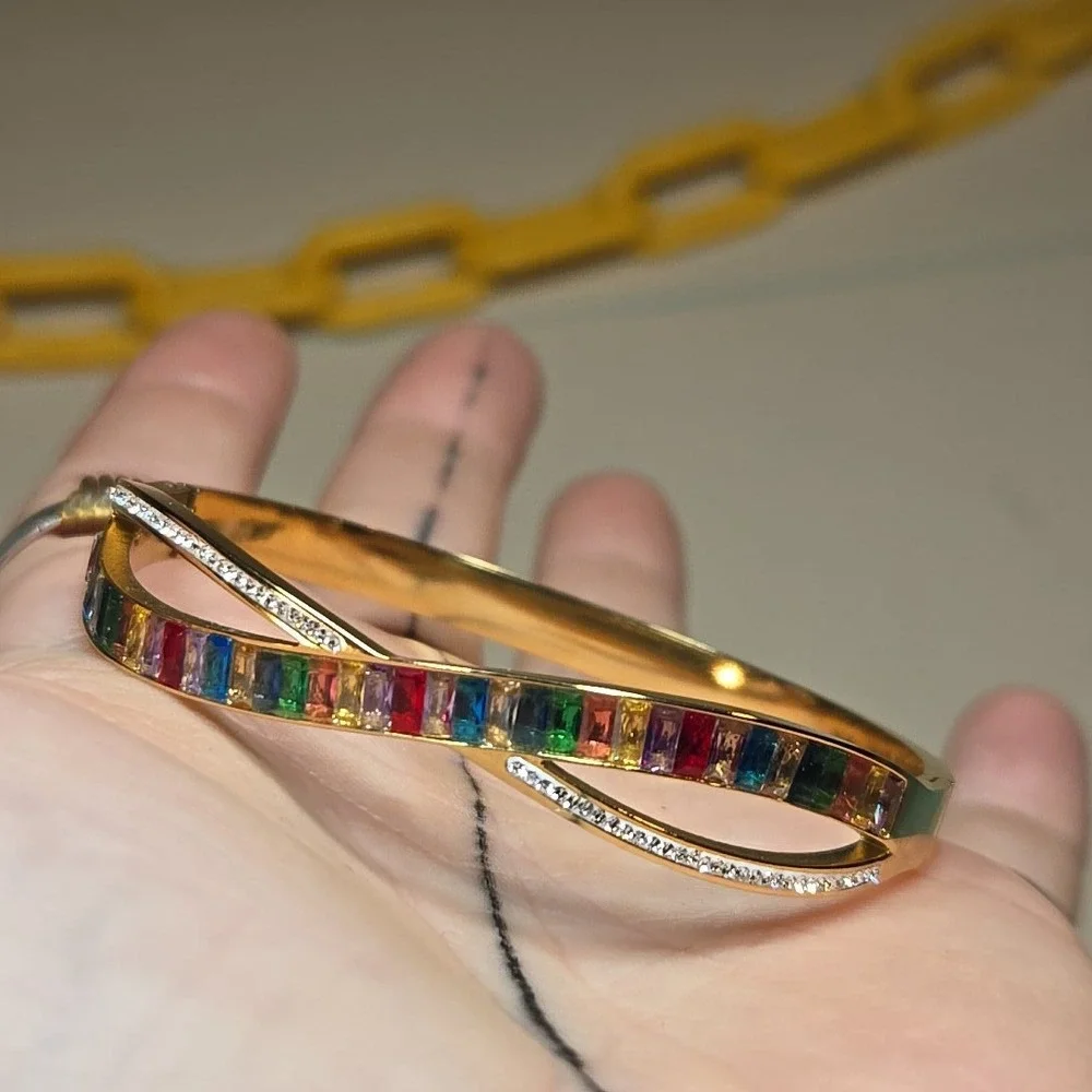Costume Bracelet Rainbow CZ‎ Gold Tone Y2K Bangle Color Stones Alt Snap Bracelet
